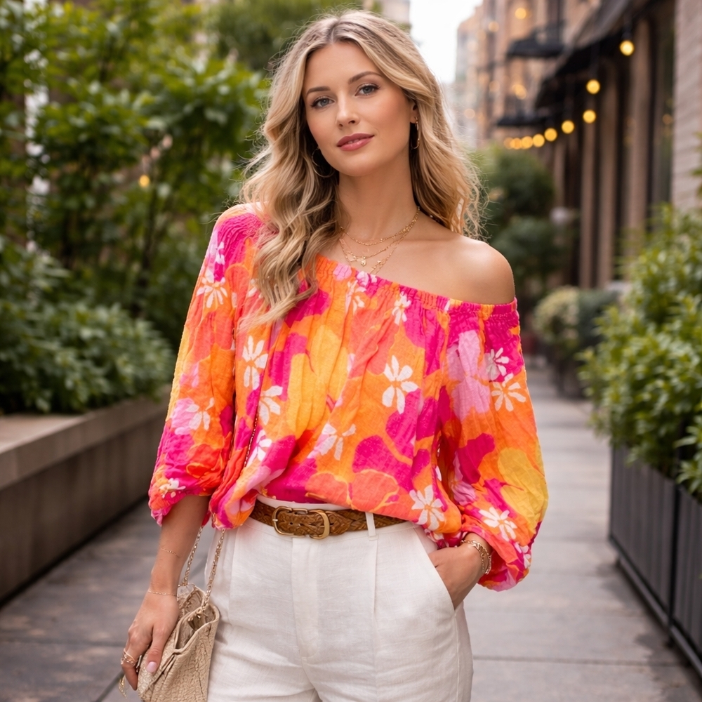 Sabo Skirt 100% Cotton Off-Shoulder Floral Blouse Top • Bright Pink Orange Small